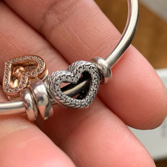 Pandora Open Bangle Charms Bracelet w/ 2 Hearts Pandora Charms & 2 Stoppers EUC - Picture 4 of 16